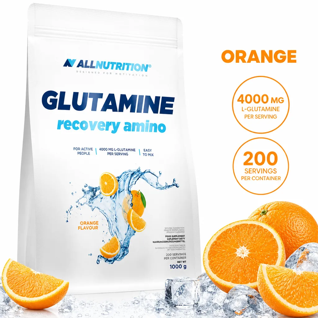 Allnutrition Glutamine Recovery Amino orange-flavour L-glutamine and taurine powder, 1000g, with 4000mg L-glutamine per serving.