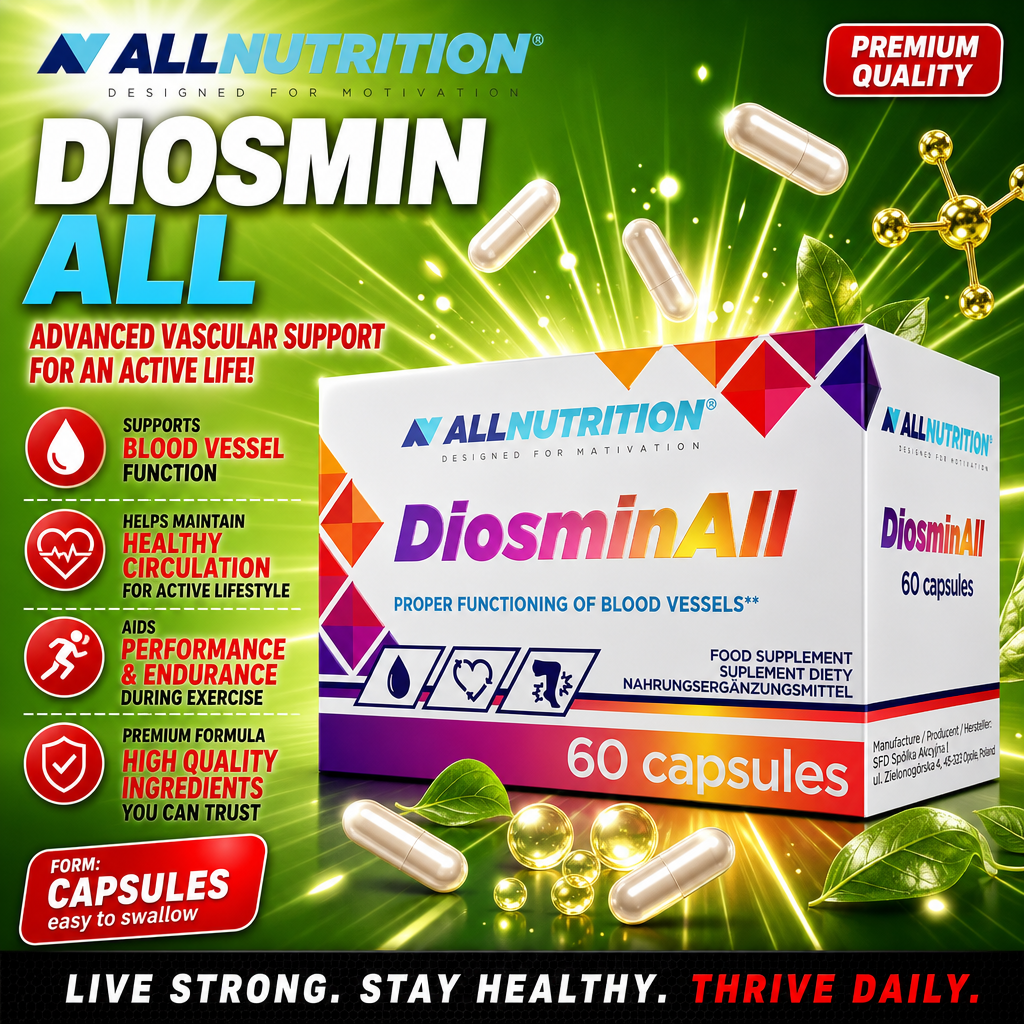 Allnutrition DiosminAll 60 capsules dietary supplement for vascular support, shown in a colorful box with capsule form, designed for blood vessel health and circulation.