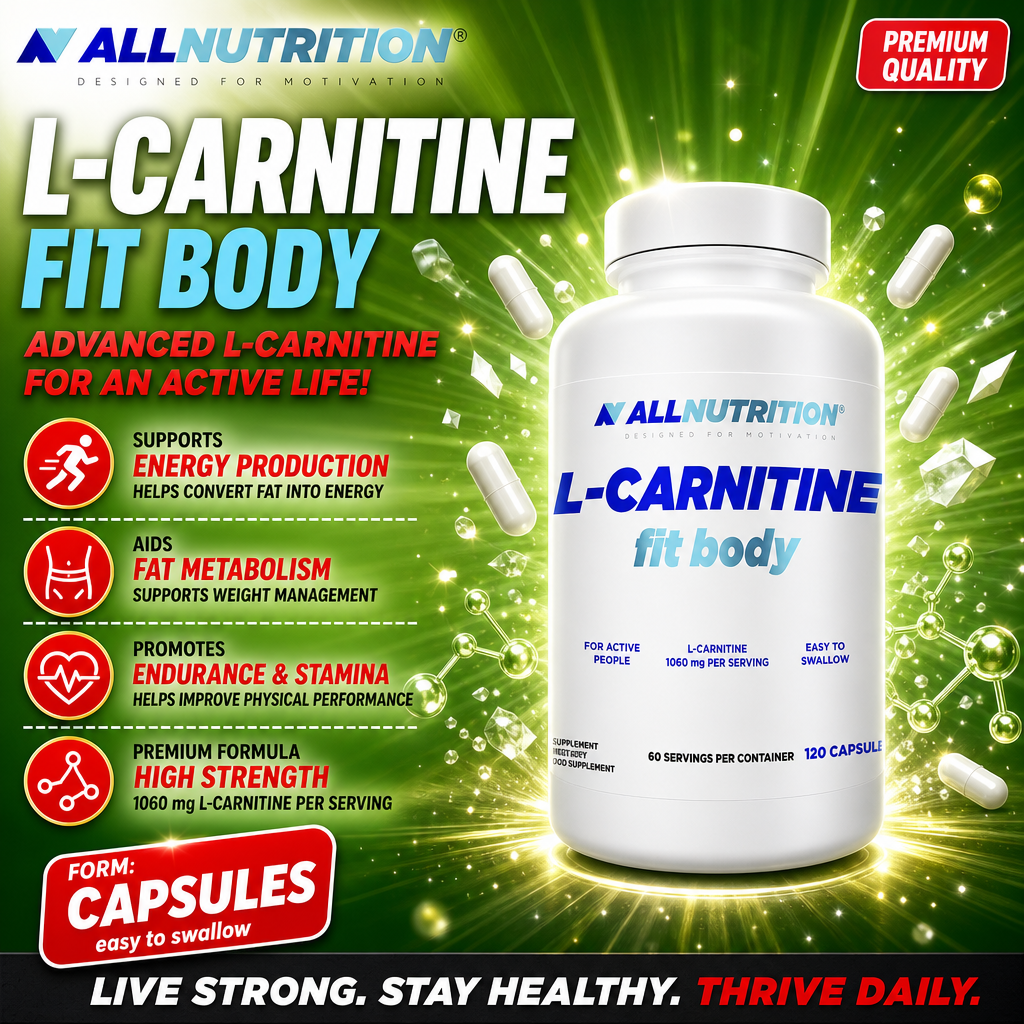 Allnutrition L-Carnitine Fit Body 120 capsules, a high-strength L-carnitine supplement designed for energy production, fat metabolism, and endurance, in capsule form with a green-themed background.