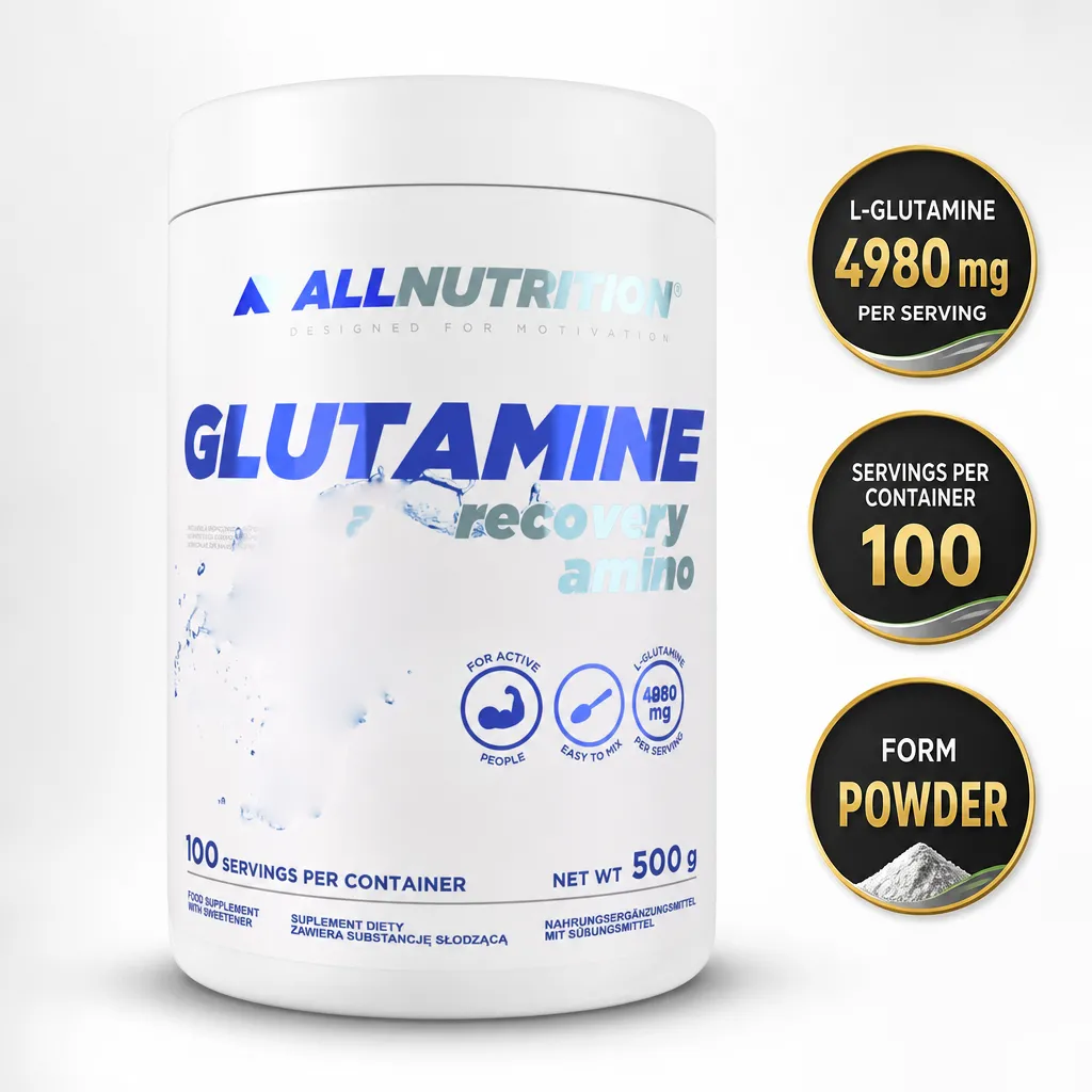 Allnutrition Glutamine Recovery Amino 500g unflavoured powder supplement in a white tub with 100 servings