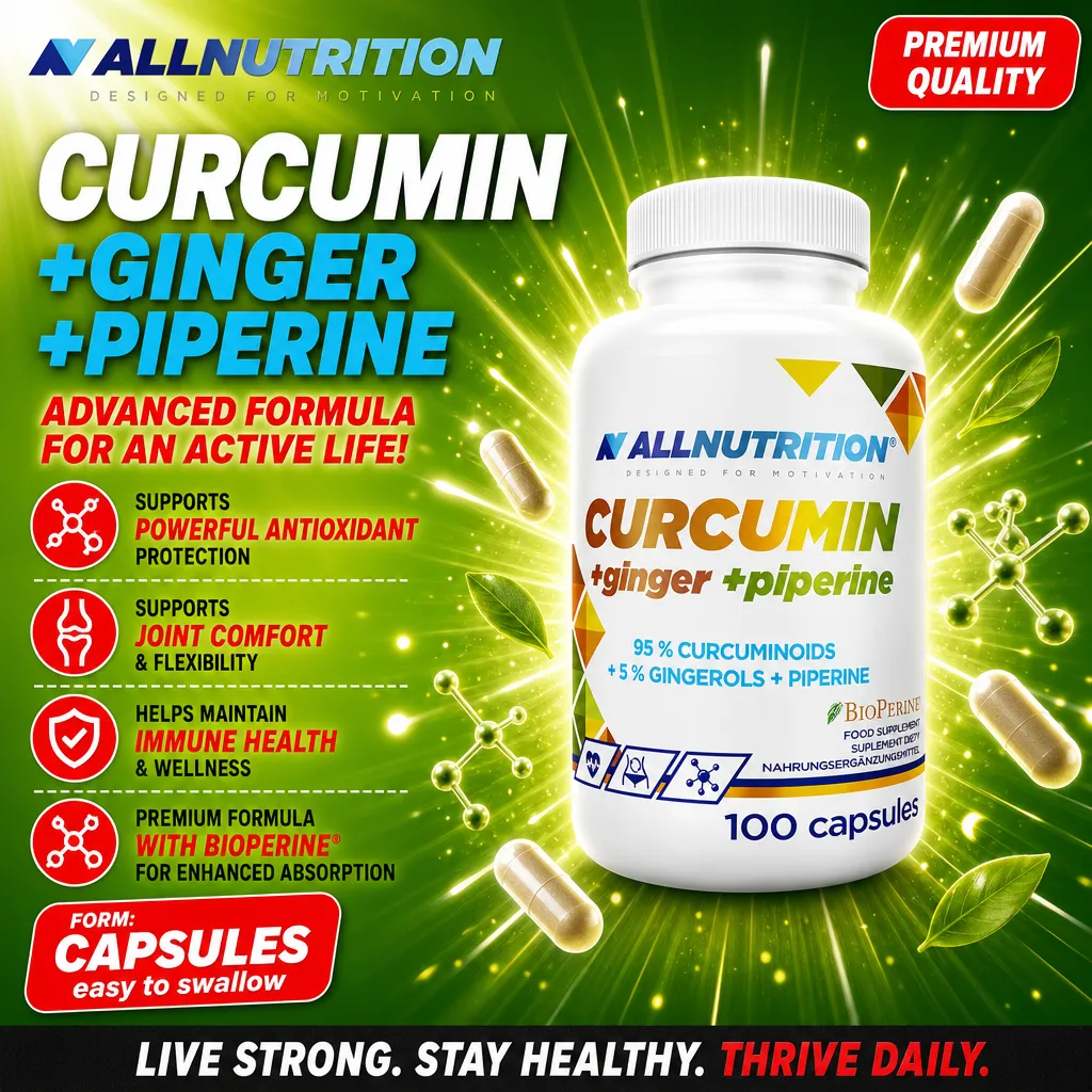 Allnutrition Curcumin + Ginger + Piperine capsules, a dietary supplement with 95% curcuminoids, 5% gingerols, and piperine, designed to support antioxidant protection, joint comfort, and immune health. 100 capsules bottle, premium quality.
