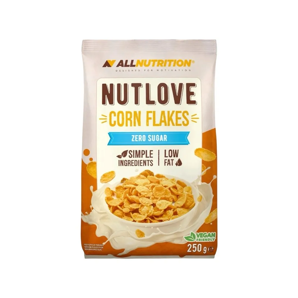 Allnutrition NUTLOVE Corn Flakes Zero Sugar 250g breakfast cereal, gluten-free, low fat, vegan-friendly, with no added sugar and simple ingredients.