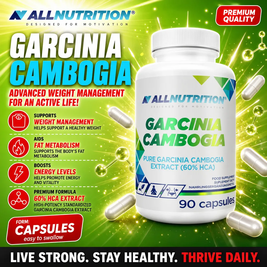 Allnutrition Garcinia Cambogia, a dietary supplement with pure garcinia cambogia extract (60% HCA), 90 capsules, designed for weight management and fat metabolism support. The packaging is predominantly green and white.