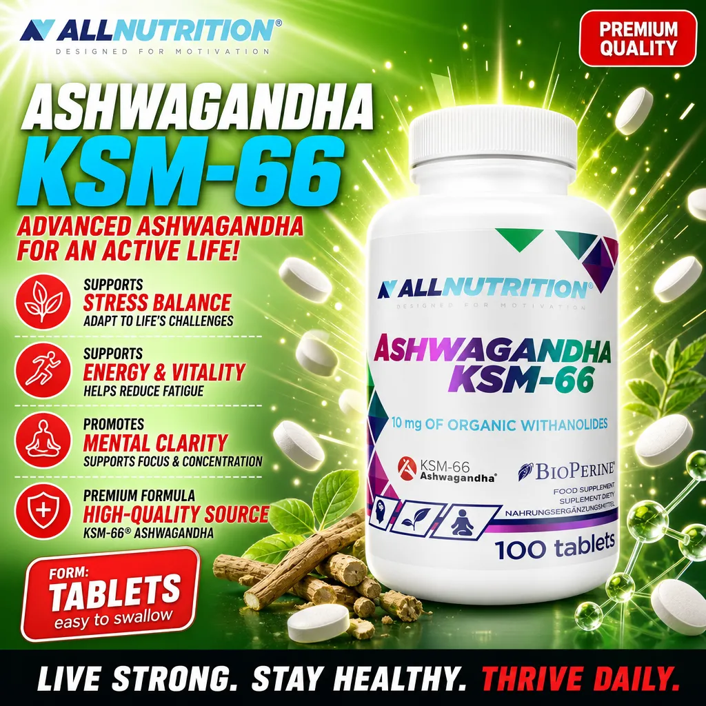 Allnutrition Ashwagandha KSM-66 100 tablets, a dietary supplement with 10 mg of organic withanolides, formulated for stress balance, energy, vitality, and mental clarity. Contains KSM-66 ashwagandha and BioPerine.