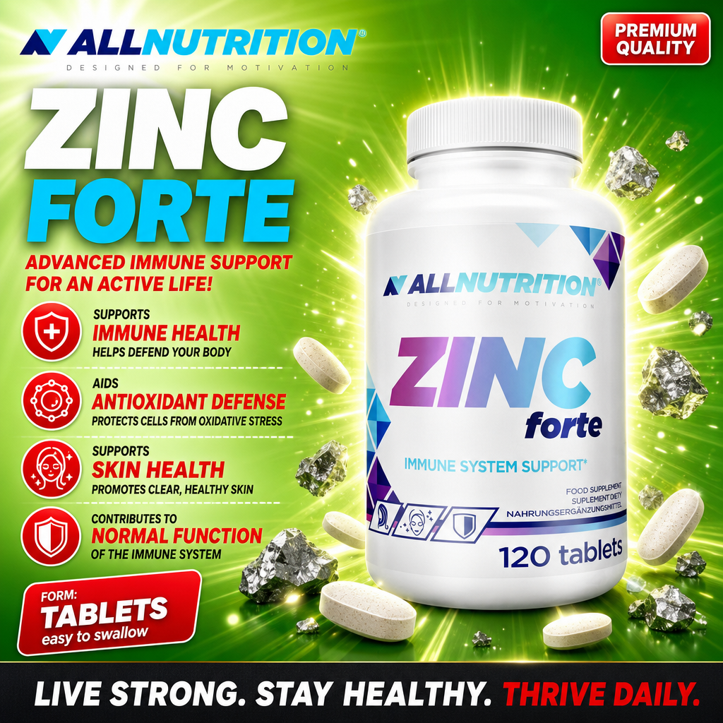 Allnutrition Zinc Forte immune system support supplement in a bottle with 120 tablets, designed to aid immune health, antioxidant defense, and skin health. The packaging is predominantly white with blue and purple accents.