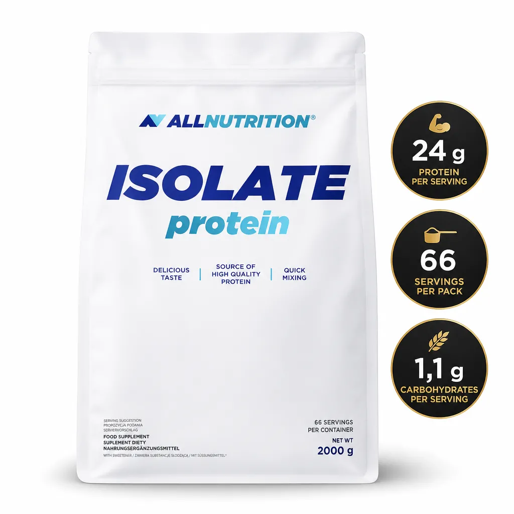 Allnutrition Isolate Protein 2000g whey protein isolate powder supplement in a white pouch with 24g protein per serving