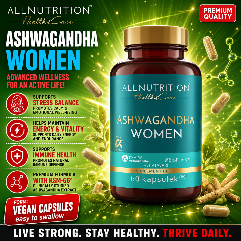 Allnutrition Health & Care Ashwagandha Women vegan capsules supplement, 60-count, formulated with KSM-66 ashwagandha, shatavari, and BioPerine, designed for stress balance, energy, and immune health. Teal and gold label bottle.