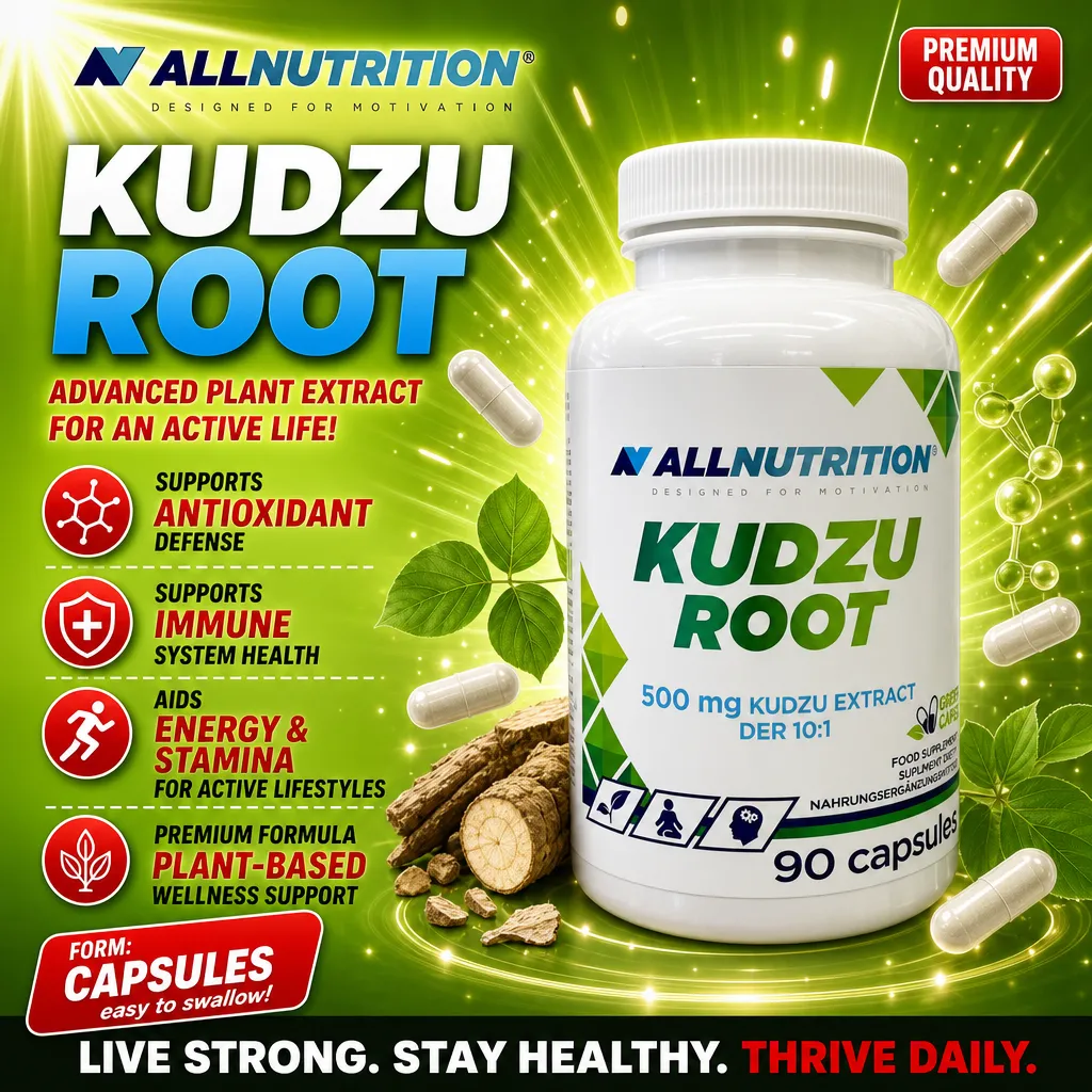 Allnutrition Kudzu Root 90 capsules plant-based supplement with 500 mg kudzu extract per serving, designed to support antioxidant defense, immune health, and energy, in a white bottle with green accents.