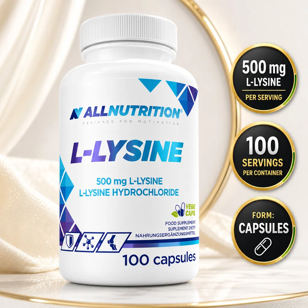 Allnutrition L-Lysine 100 Caps dietary supplement with 500 mg L-lysine per serving, 100 vegan capsules in a white bottle