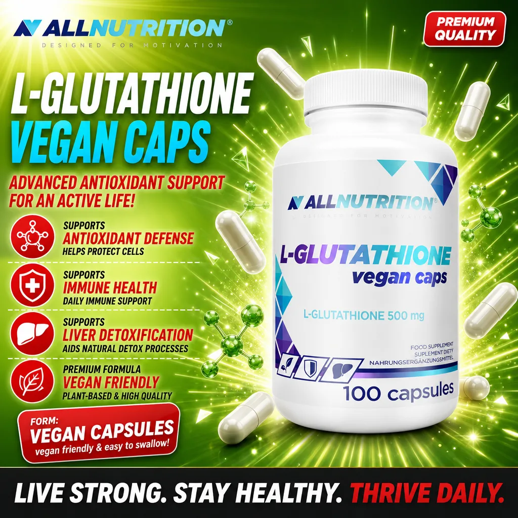 Allnutrition L-Glutathione Vegan Caps 100 capsules, a vegan-friendly antioxidant supplement for immune health and liver detoxification, in a white bottle with blue and purple accents.
