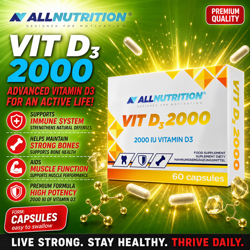 Allnutrition Vit D3 2000IU vitamin D3 supplement, 60 capsules, high potency formula for immune system, bone health, and muscle function, with a white and yellow box design.