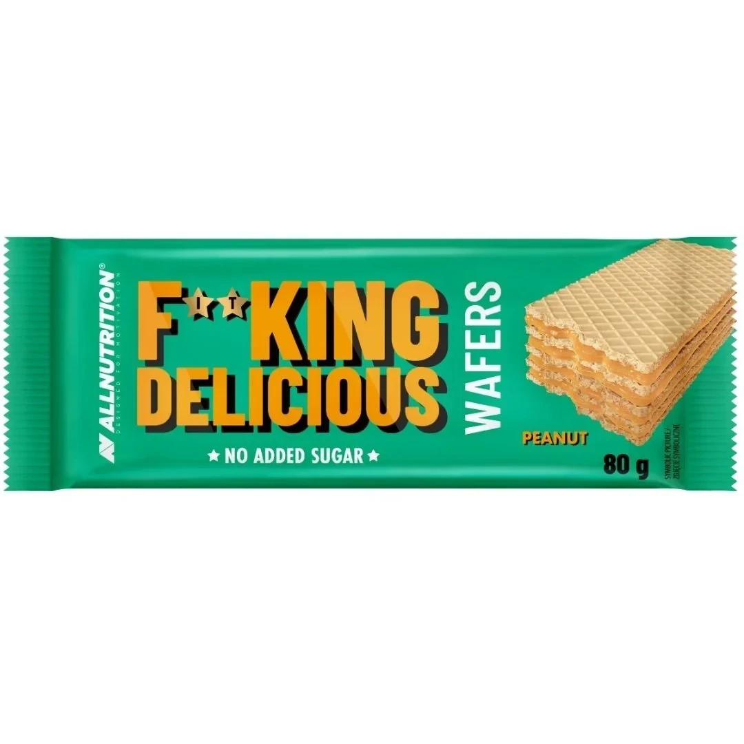Allnutrition Fitking Delicious Wafers 80g Peanut, sugar-free crispy wafers with over 70% peanut cream filling, in a green package, no added sugar.