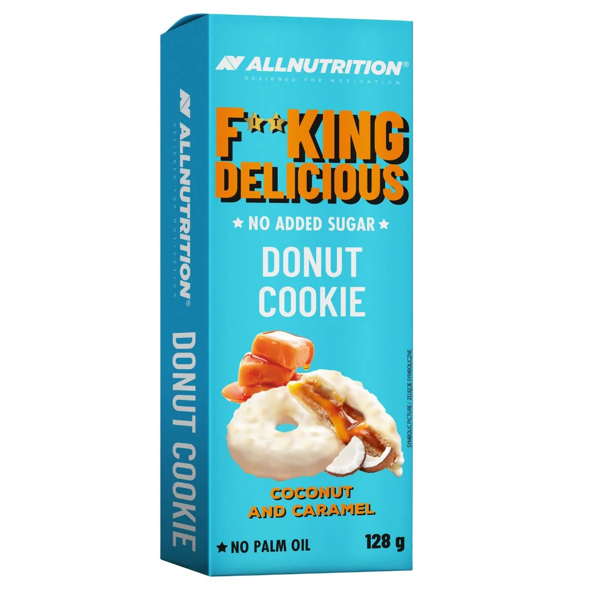 Allnutrition Fitking Delicious Cookie Coconut Caramel 128g is a no added sugar, palm oil-free donut cookie with coconut and caramel flavor, ideal for health-conscious snacking.