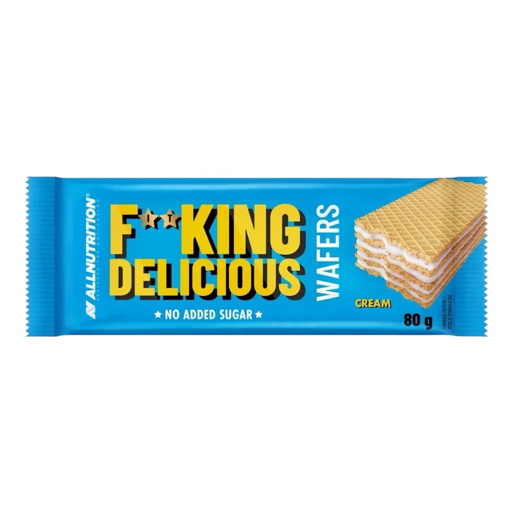 Allnutrition Fitking Delicious Wafers 80g Cream, sugar-free crispy wafers with over 70% cream filling, sweetened with erythritol, in a blue package.
