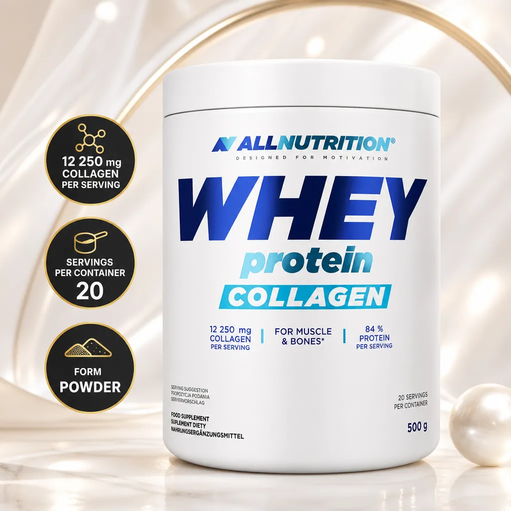 Allnutrition Whey Protein Collagen 500g powder supplement with 12,250 mg collagen per serving and 20 servings