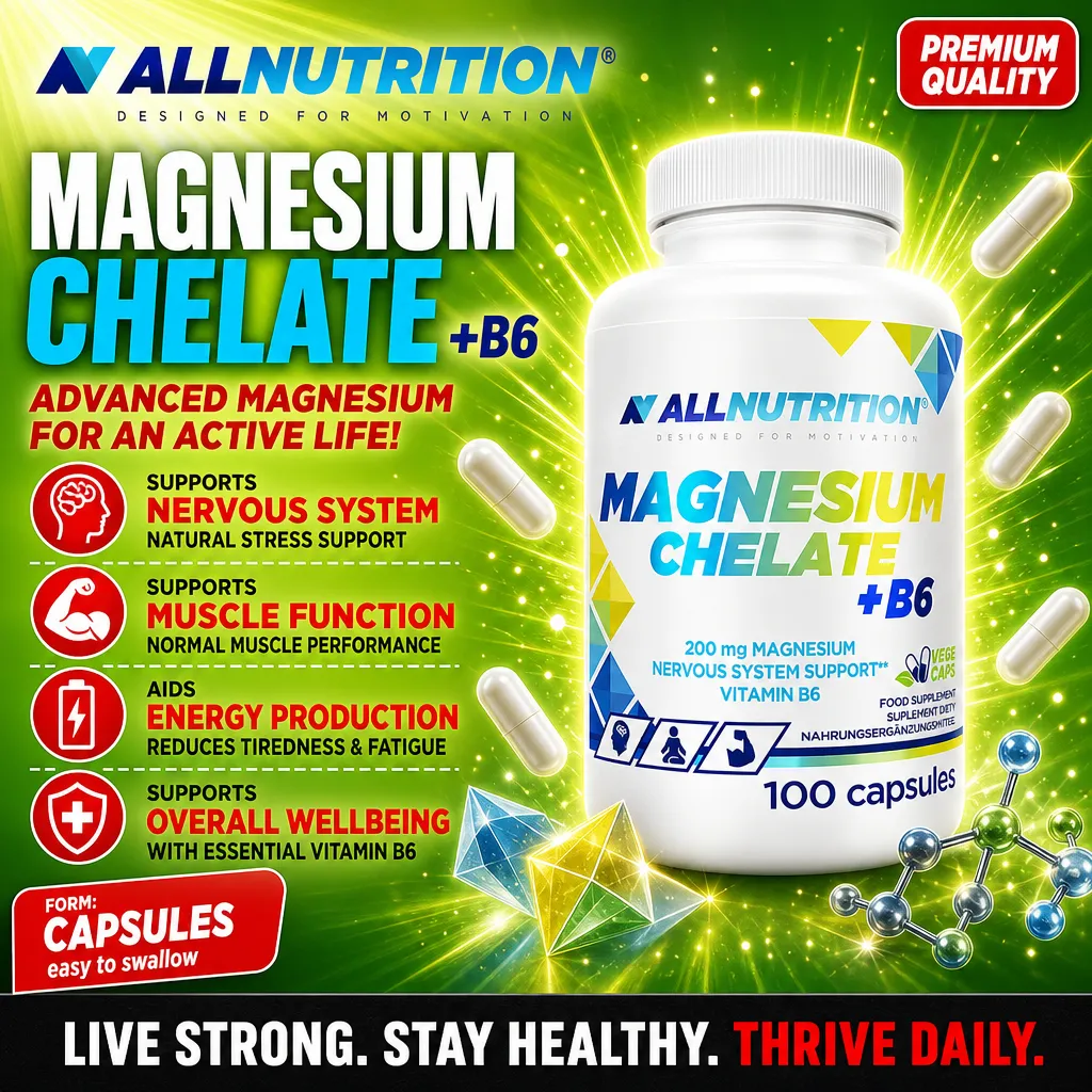 Allnutrition Magnesium Chelate +B6 100 capsules, a magnesium and vitamin B6 supplement in capsule form for nervous system and muscle support, with a green and white label.