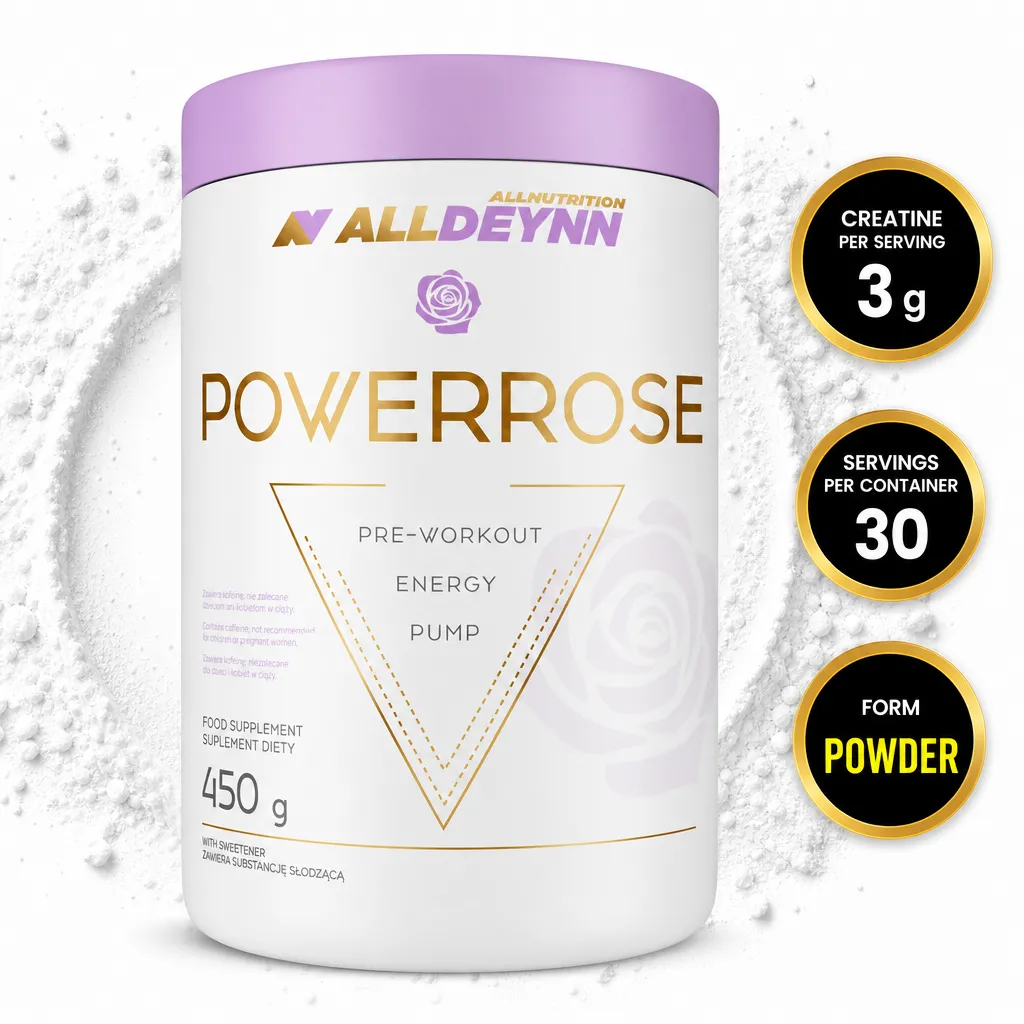 Allnutrition ALLDEYNN Powerrose 450g women's pre-workout supplement powder in a white tub with a purple lid