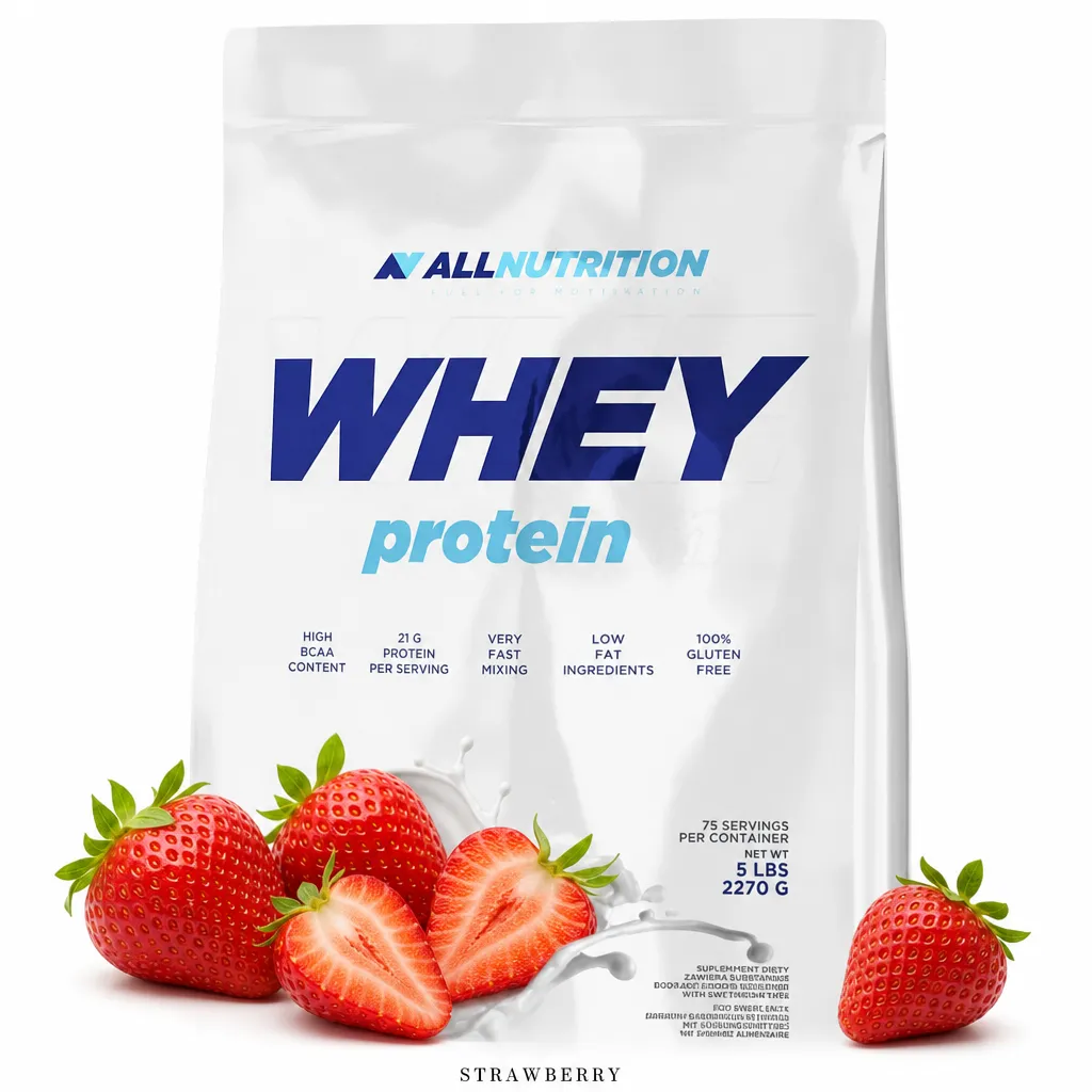 Allnutrition Whey Protein 2270g Strawberry flavour protein powder with high BCAA content, 21g protein per serving, and low fat, ideal for muscle recovery.