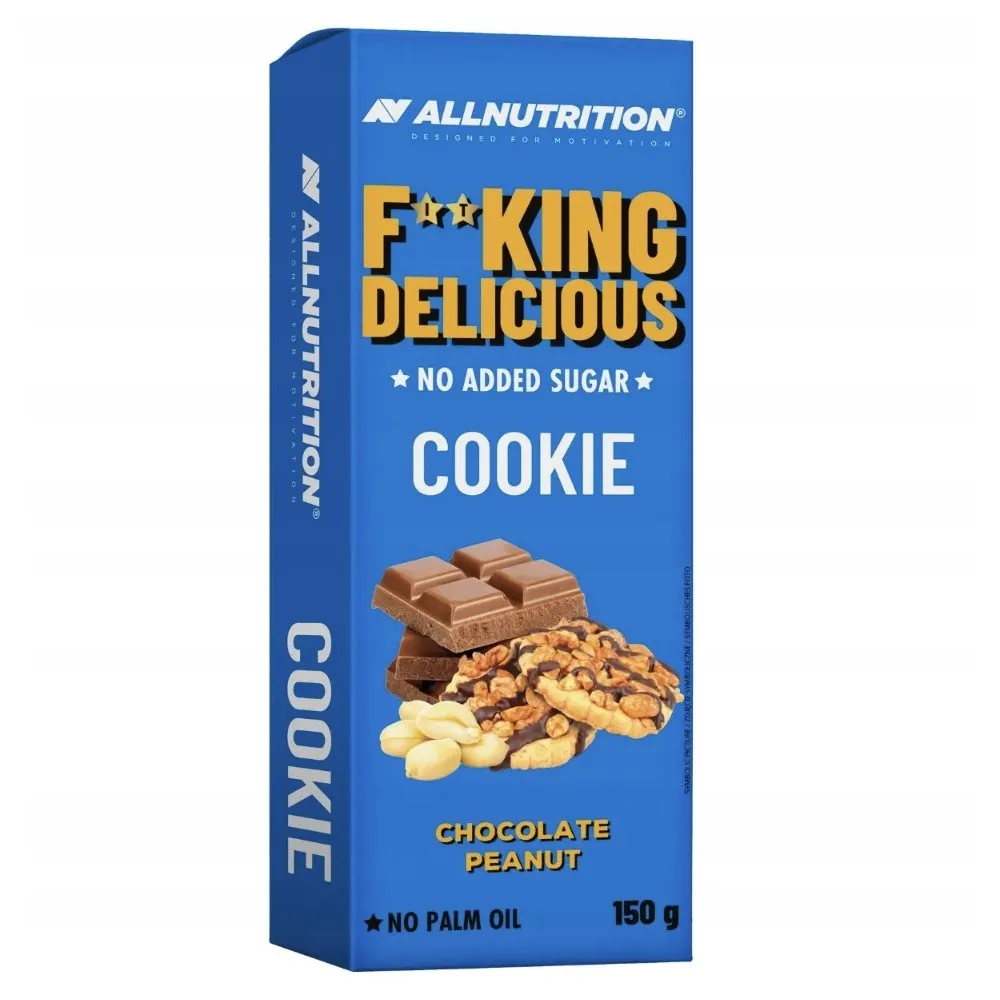 AllNutrition F**king Delicious Cookie chocolate peanut flavour, no added sugar, 150g, blue packaging with chocolate and peanut imagery.