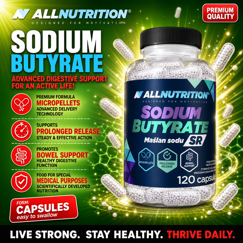 Allnutrition Sodium Butyrate SR 120 capsules, a digestive health supplement with micropellets for prolonged release and bowel support, shown in a clear bottle with white capsules on a green background.