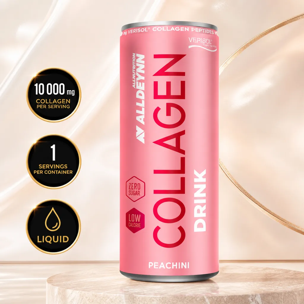 Allnutrition ALLDEYNN Collagen Drink, 330ml Peachini-flavoured ready-to-drink collagen beverage in a pink can with zero sugar and low calories