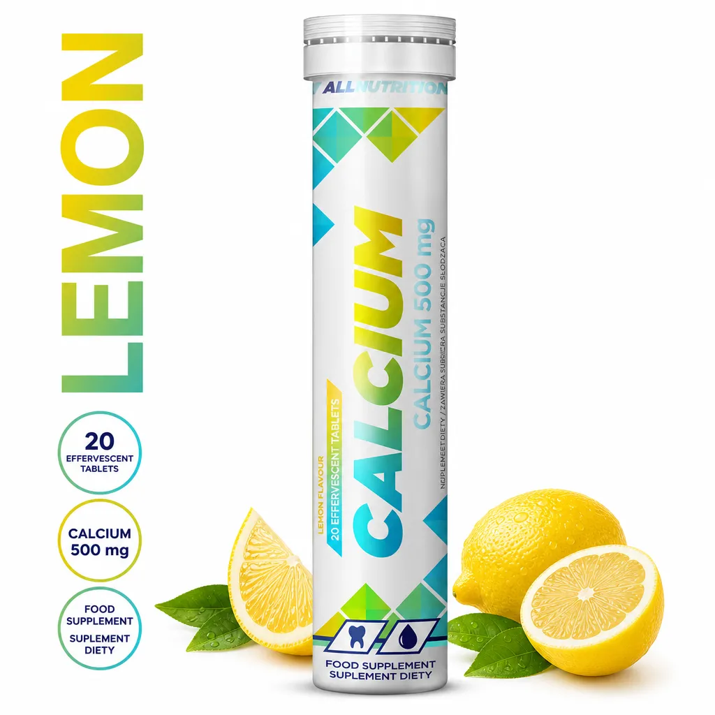 Allnutrition Calcium 20 Effervescent Tabs calcium supplement with lemon flavour, 500 mg calcium and 20 tablets in a tube