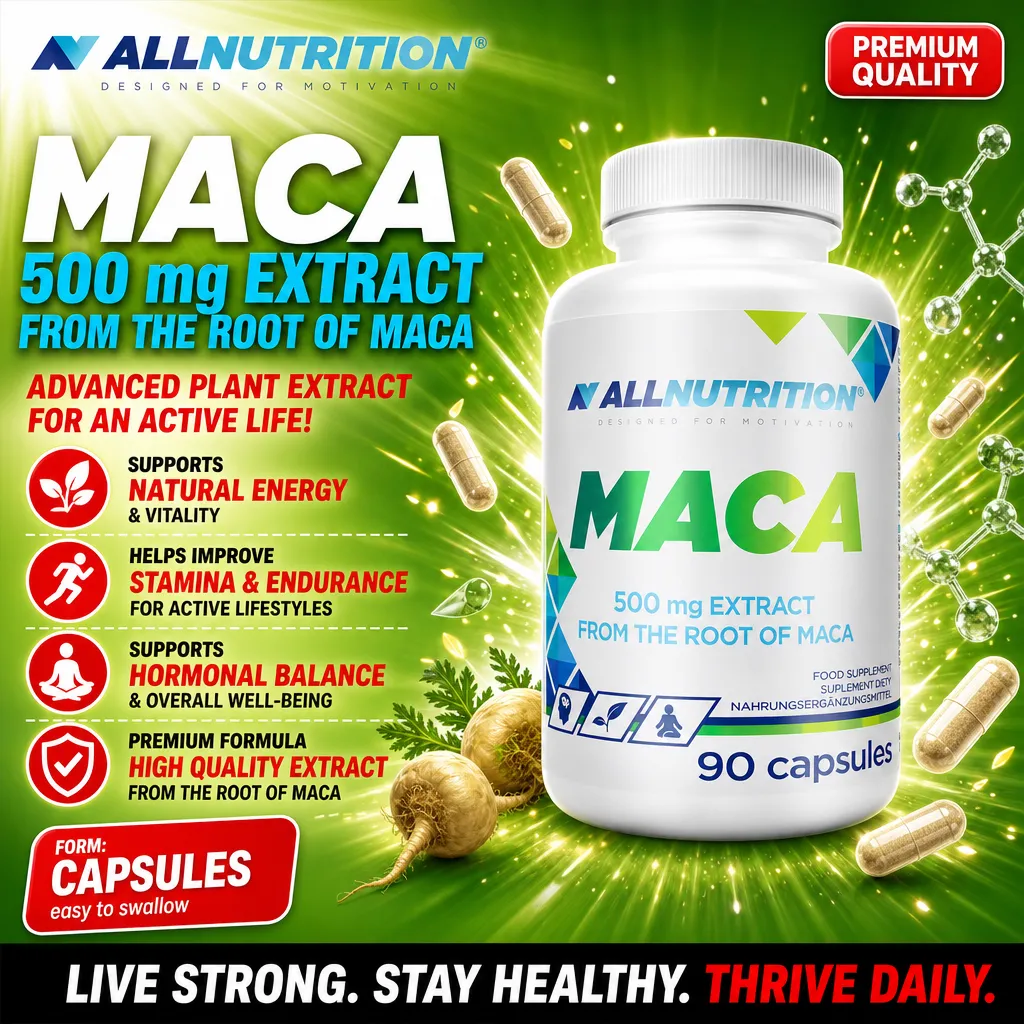 Allnutrition Maca 500mg Extract 90 capsules, a dietary supplement in capsule form made from maca root extract, designed to support natural energy, stamina, endurance, and hormonal balance. The packaging is predominantly green and white.