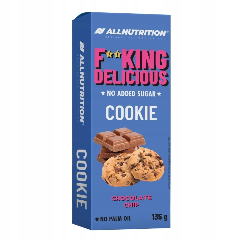 Allnutrition Fitking Delicious Cookie chocolate chip, a no added sugar cookie snack in a 135g blue box, featuring chocolate chip cookies and chocolate pieces on the packaging.