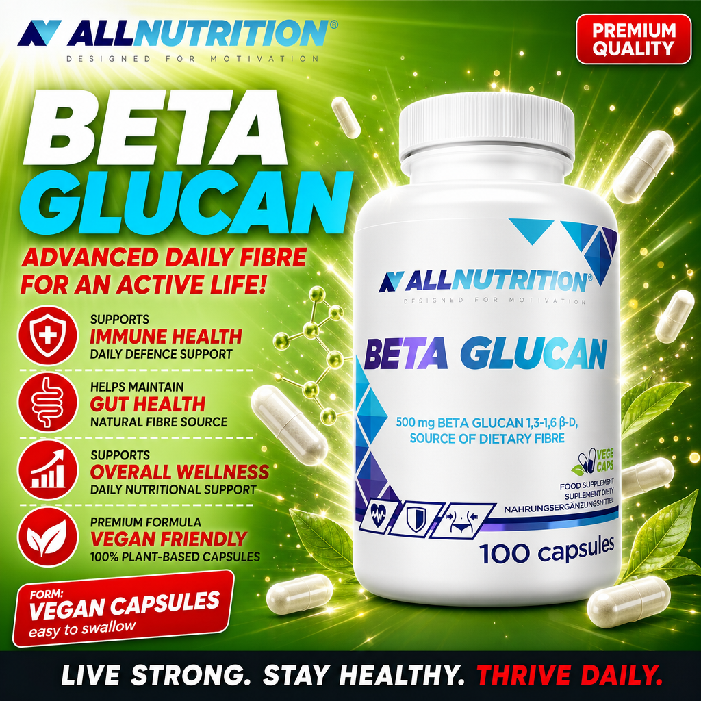 Allnutrition Beta Glucan vegan capsules dietary fibre supplement, 100 capsules, supports immune health and gut health, plant-based formula, white bottle with blue and green accents.