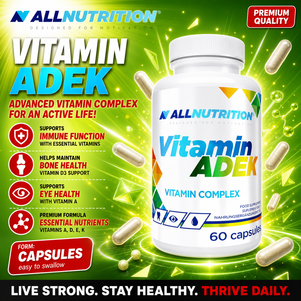 Allnutrition Vitamin ADEK vitamin complex supplement in a 60-capsule bottle, supporting immune, bone, and eye health with vitamins A, D, E, and K. Capsule form, white bottle with colorful accents.
