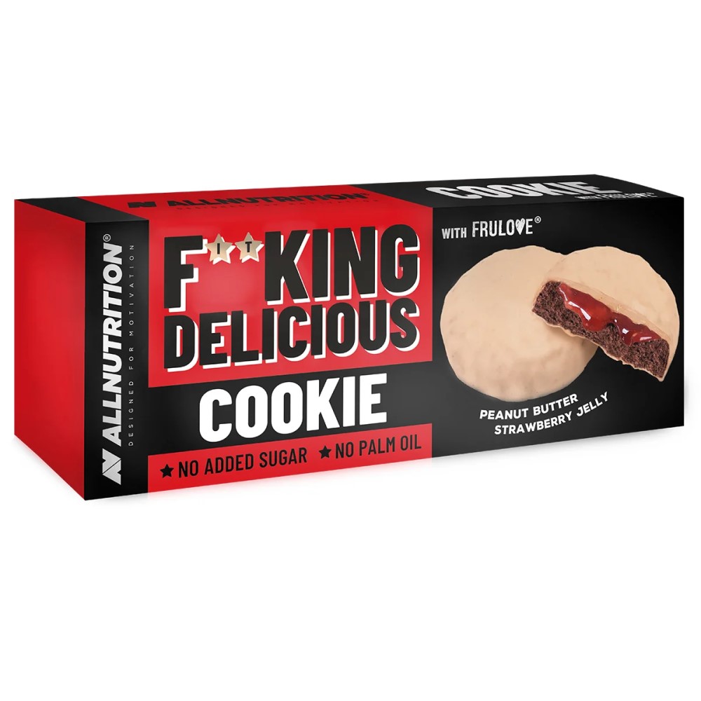 Allnutrition Fitking Delicious Cookie with visible milk chocolate, caramel, and roasted peanuts on a cookie surface.