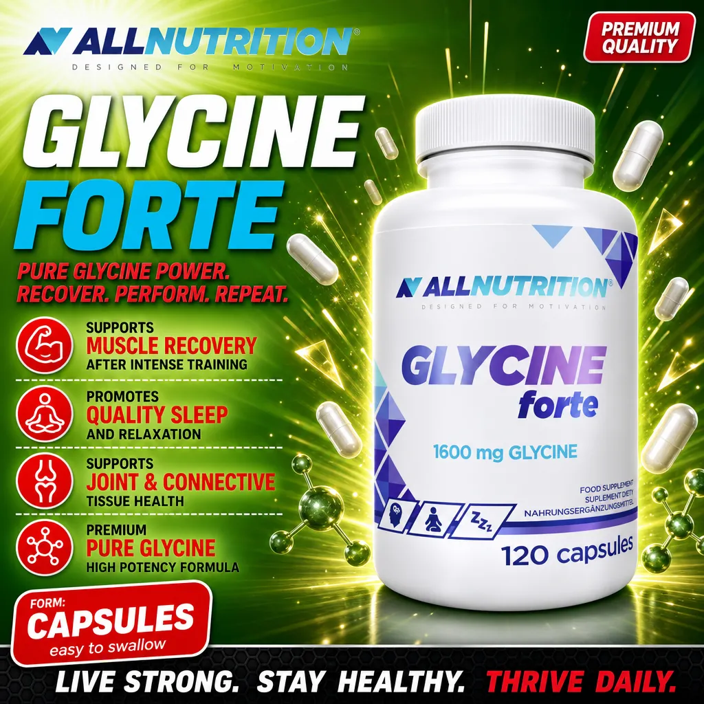Allnutrition Glycine Forte 120 capsules, a high-potency glycine supplement for muscle recovery, quality sleep, and joint health, in capsule form with 1600 mg glycine per serving.