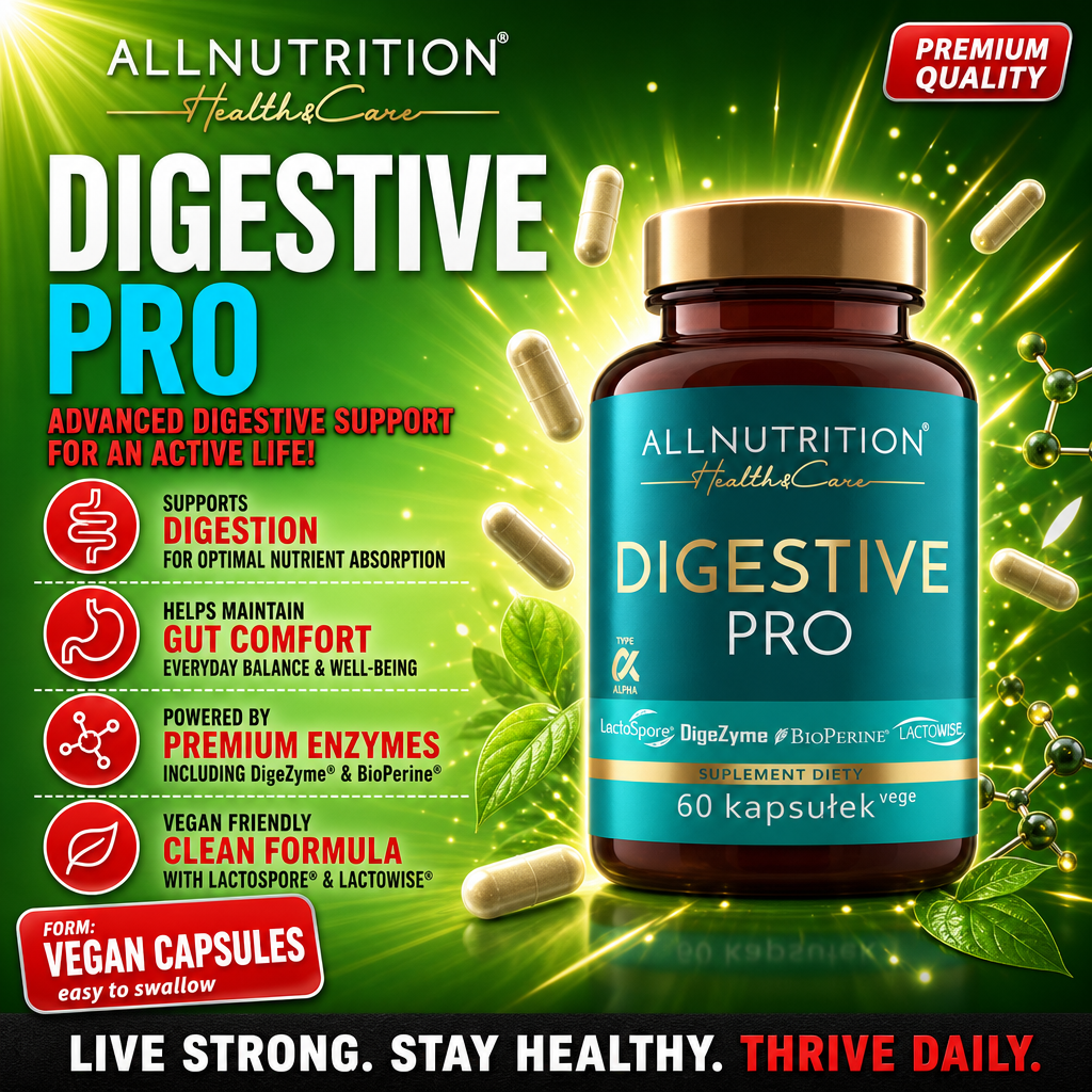 Allnutrition Digestive Pro vegan capsules, 60-count dietary supplement for digestive support, featuring premium enzymes and a clean formula, in a green and gold bottle.