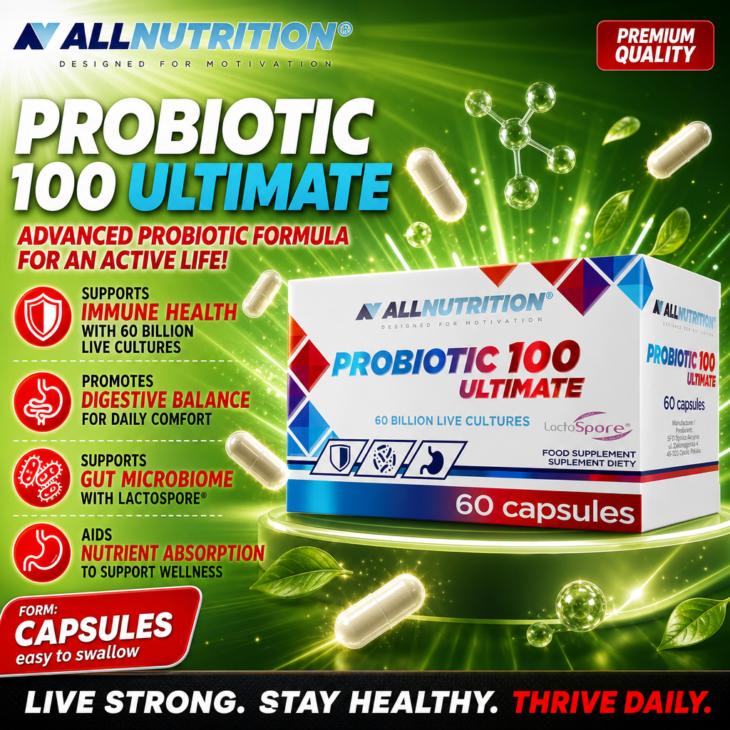 Allnutrition Probiotic 100 Ultimate probiotic supplement, 60 capsules, supports immune health, digestive balance, gut microbiome, and nutrient absorption, with 60 billion live cultures and LactoSpore, in a predominantly white and blue box.