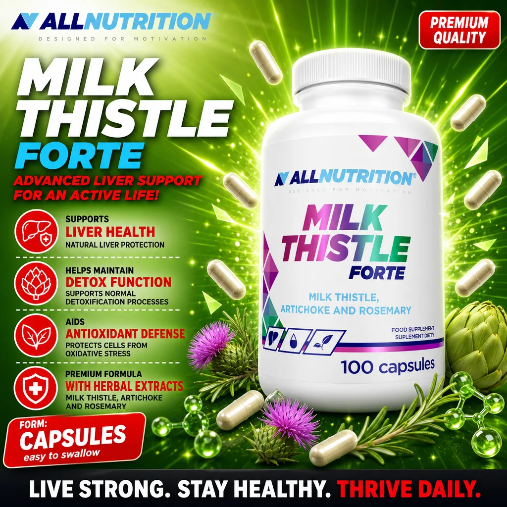 Allnutrition Milk Thistle Forte 100 capsules, a dietary supplement with milk thistle, artichoke, and rosemary, designed to support liver health and detox function. The packaging is predominantly white with colorful geometric accents.
