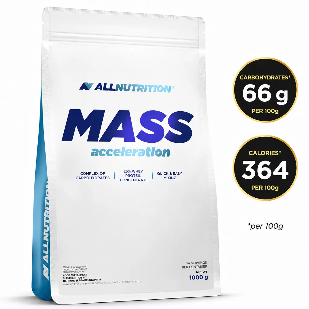 Allnutrition Mass Acceleration 1000g mass gainer powder supplement in a white and blue pouch with carbohydrate and whey protein blend