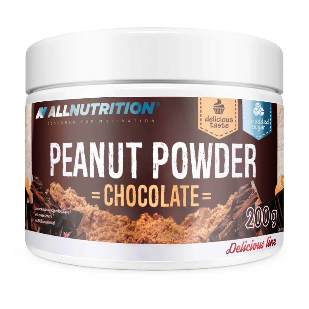 Allnutrition Peanut Powder 200g Chocolate in a resealable pouch, brown and chocolate-themed packaging with product branding
