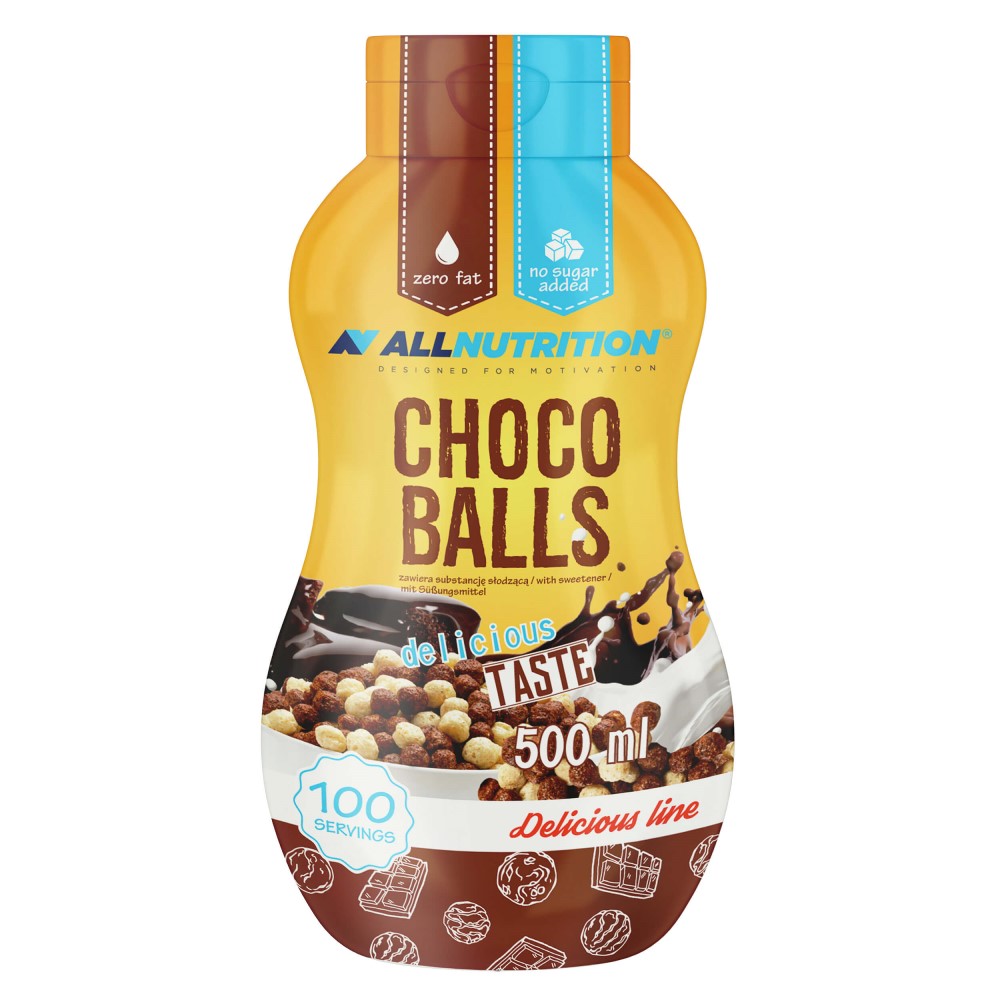 Allnutrition Choco Balls Sweet Sauce 500ml, chocolate-flavoured dessert sauce with sweetener, zero fat, no sugar added, brown and yellow bottle.