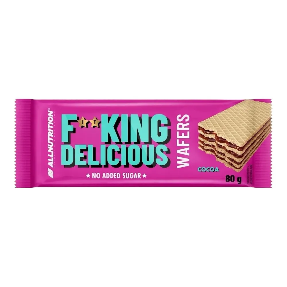 Allnutrition Fitking Delicious Wafers 80g Cocoa, no added sugar, crispy layered cocoa cream wafers in a bright pink package, sweetened with erythritol.