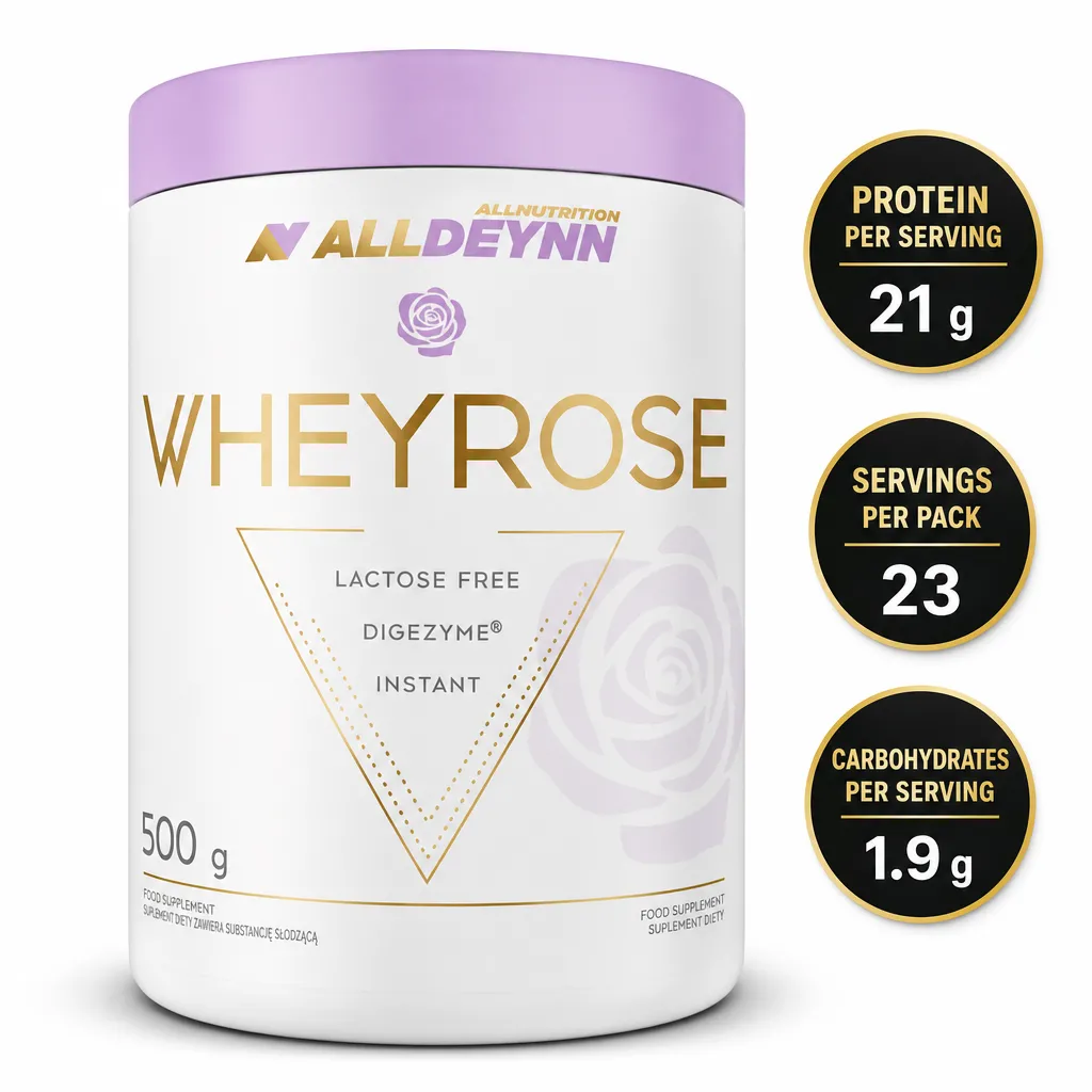 Allnutrition ALLDEYNN Wheyrose 500g lactose-free whey protein powder with DigeZyme digestive enzymes in a white tub