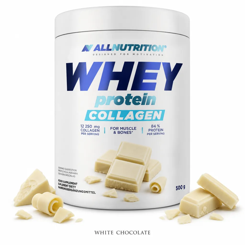 Allnutrition Whey Protein Collagen 500g white chocolate flavour protein powder with 84% protein per serving, enriched with collagen peptides for muscle and joint support.