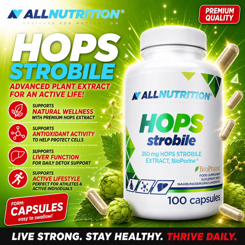 Allnutrition Hops Strobile 100 capsules plant extract supplement with 350 mg hops strobile extract and BioPerine, designed to support wellness, antioxidant activity, liver function, and an active lifestyle.