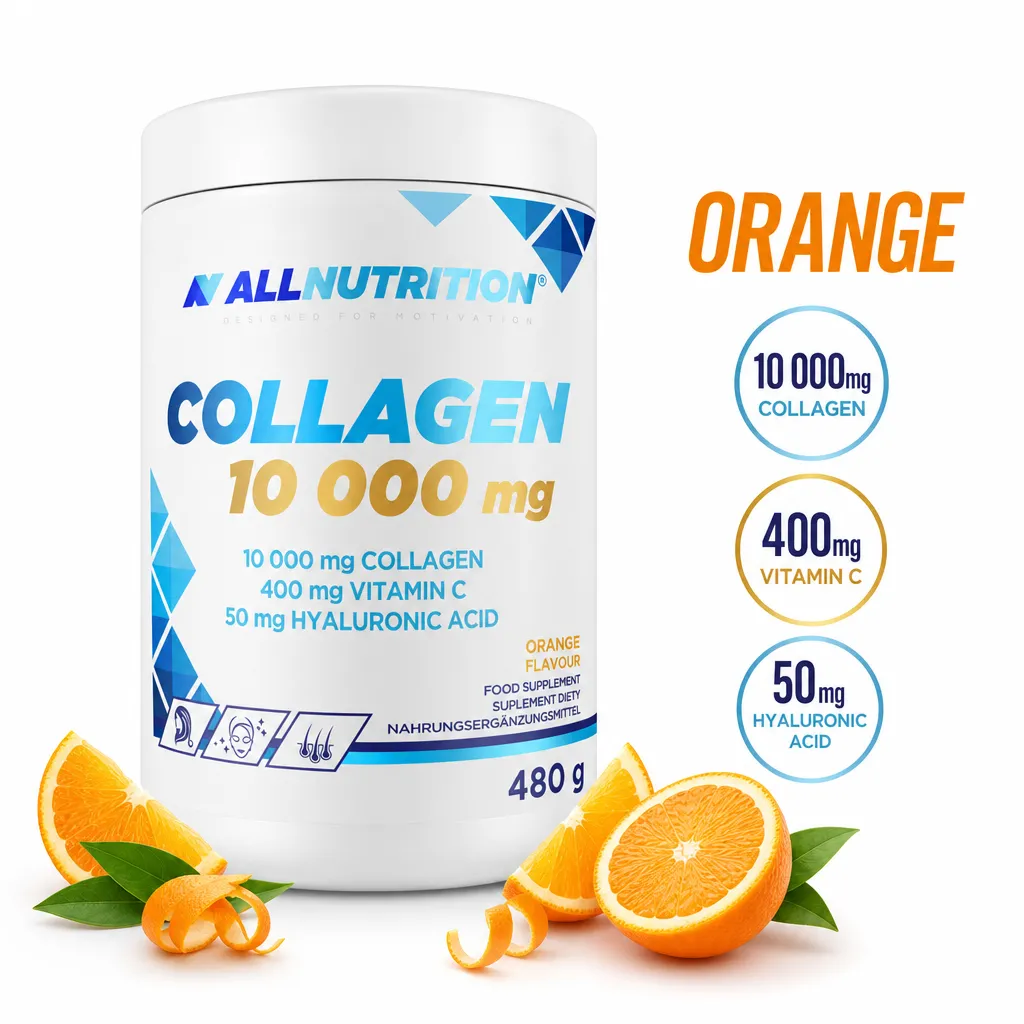 Allnutrition Collagen Fish 10 000mg 480g orange-flavour collagen powder with vitamin C and hyaluronic acid