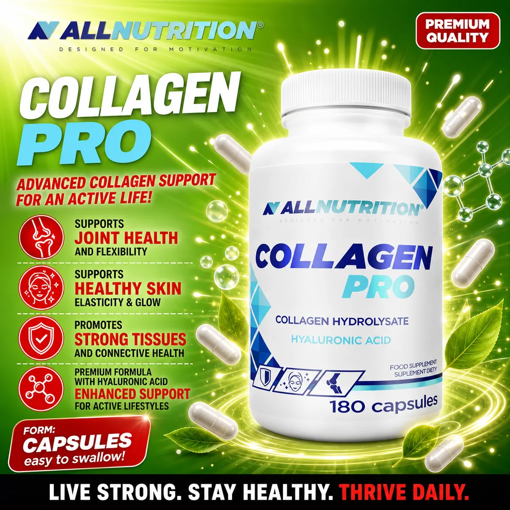 Allnutrition Collagen Pro collagen hydrolysate supplement with hyaluronic acid, 180 capsules, for joint health, skin, and connective tissue support. White bottle with blue accents.