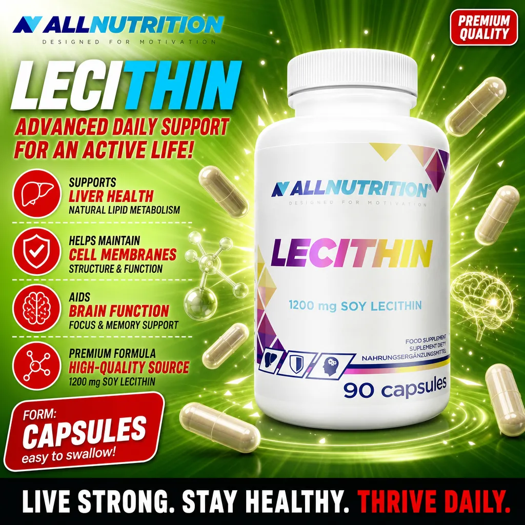 Allnutrition Lecithin 90 capsules, a soy lecithin food supplement providing 1200 mg per capsule, designed to support liver health, cell membranes, and brain function. The product is in capsule form and is labeled as premium quality.