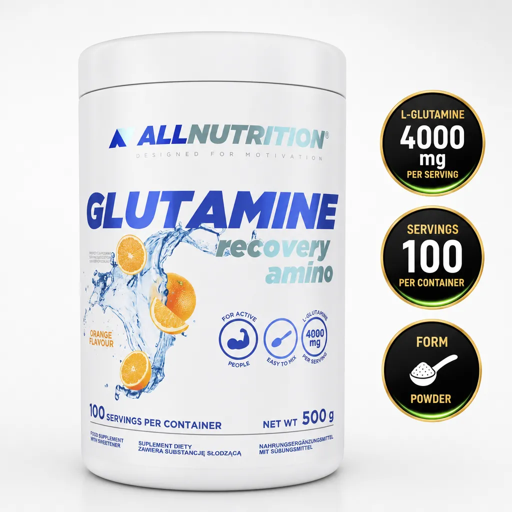 Allnutrition Glutamine Recovery Amino powder supplement, orange flavour, 500g tub with 4,000mg L-glutamine per serving