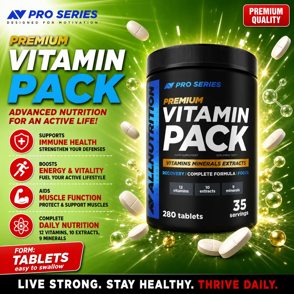 Allnutrition Pro Series Premium Vitamin Pack, a multivitamin and mineral supplement with 280 tablets, featuring 12 vitamins, 10 extracts, and 9 minerals, in a black container with blue and gold accents.
