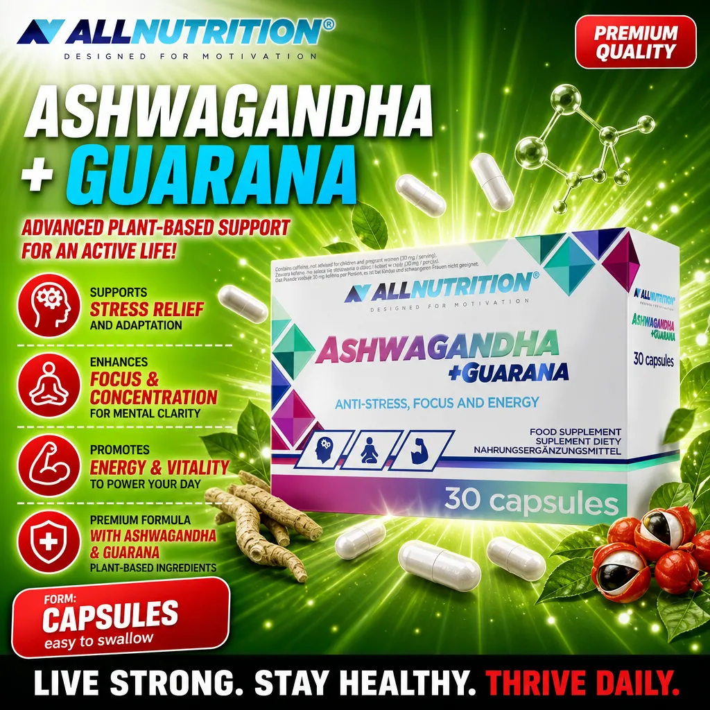 Allnutrition Ashwagandha + Guarana 30 capsules, a plant-based food supplement for anti-stress, focus, and energy, featuring ashwagandha and guarana extracts in capsule form, with a green-themed packaging.