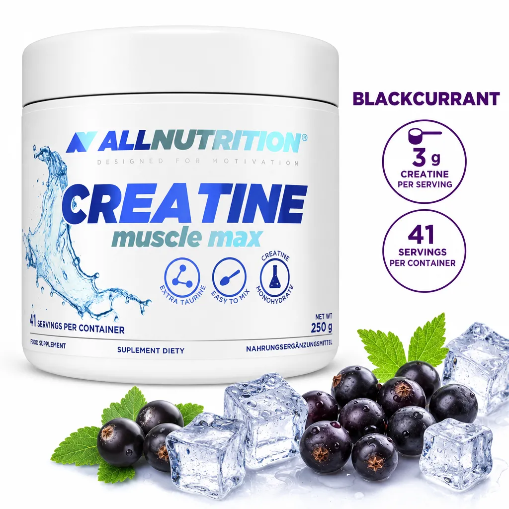Allnutrition Creatine Muscle Max 250g blackcurrant-flavoured creatine monohydrate powder with taurine, 41 servings.