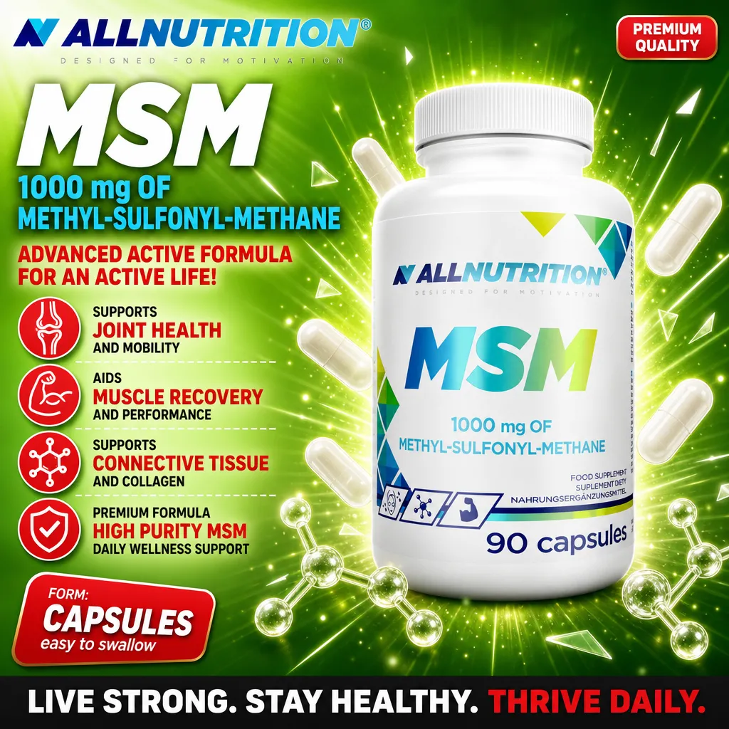 Allnutrition MSM 1000 mg methyl-sulfonyl-methane supplement in capsule form, 90 capsules, supports joint health, muscle recovery, and connective tissue, premium quality, white bottle with blue and green accents.